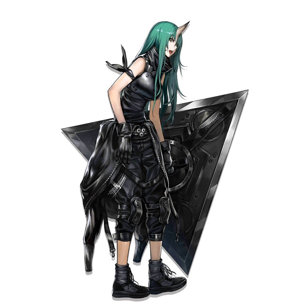 1girl arknights arm_scarf arm_strap bangs black_footwear black_gloves black_pants black_scarf black_shirt boots breastplate breasts clothes_around_waist cross-laced_footwear full_body gloves green_eyes green_hair hair_between_eyes high_collar holding holding_shield horn hoshiguma_(arknights) infukun jacket_around_waist knee_pads lace-up_boots large_breasts long_hair looking_at_viewer official_art oni_horns open_mouth pants scarf shield shirt sidelocks sleeveless solo tachi-e toned transparent_background yellow_eyes