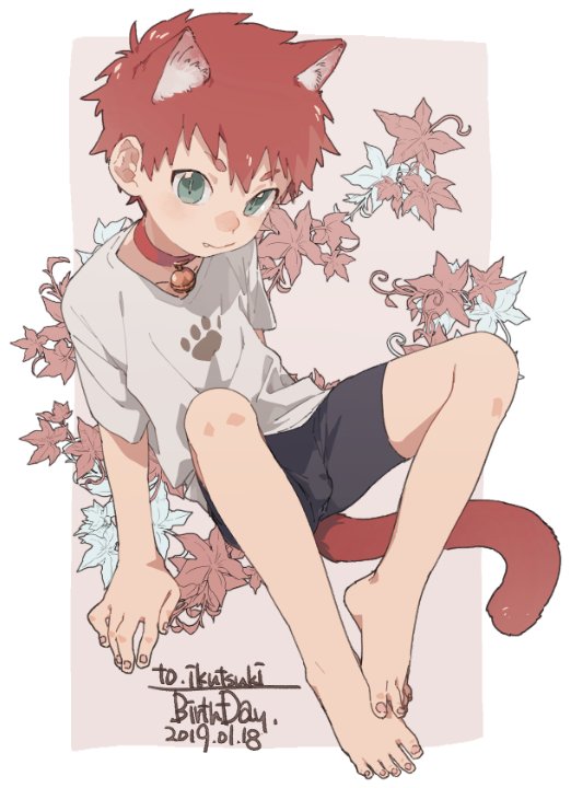1boy 50off animal_ears barefoot borrowed_character cat-shaped_pupils cat_ears cat_tail catboy dated english_text extra_ears fang feet green_eyes happy_birthday looking_at_viewer original red_haired_catboy_(ikutsuki) redhead shirt solo symbol-shaped_pupils t-shirt tail