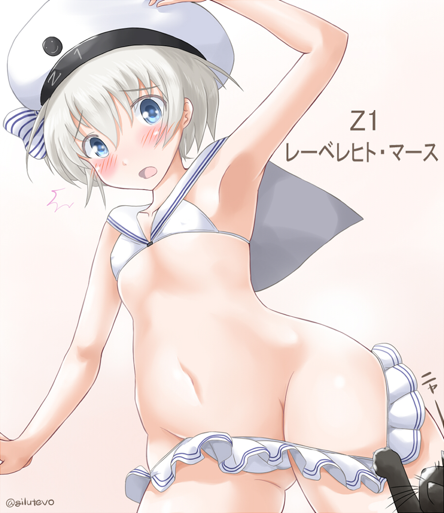 /\/\/\ 1girl arm_up armpits beret bikini bikini_pull blonde_hair blue_eyes blush cat flat_chest groin hat jack_(slaintheva) kantai_collection navel open_mouth short_hair solo swimsuit unsinkable_sam white_bikini z1_leberecht_maass_(kantai_collection)