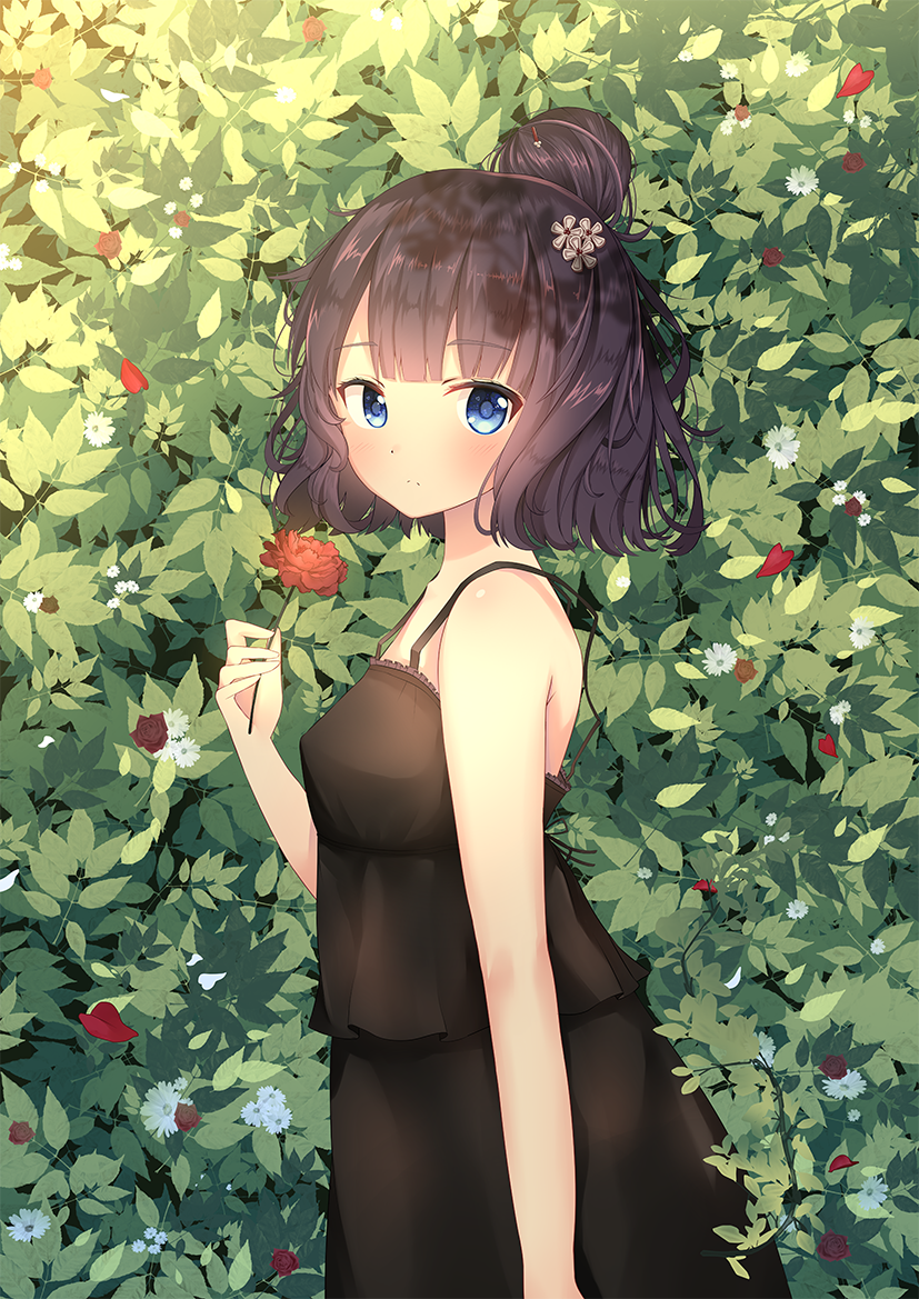 1girl bangs bare_arms bare_shoulders black_dress black_hair blue_eyes blush breasts closed_mouth commentary_request dress eyebrows_visible_through_hair fate/grand_order fate_(series) flower hair_bun hair_ornament hand_up holding holding_flower katsushika_hokusai_(fate/grand_order) lokyin_house looking_at_viewer looking_to_the_side red_flower sleeveless sleeveless_dress small_breasts solo white_flower