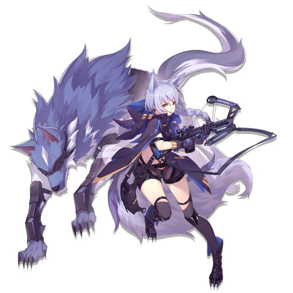 1girl animal_ears arknights bangs black_footwear black_gloves black_pants boots bow_(weapon) braid breasts chaps cloak crossbow cyborg elite_ii_(arknights) finger_on_trigger floating_hair fox_ears fox_tail full_body gloves hair_over_shoulder holding holding_crossbow holding_weapon hood hood_down hooded_cloak knee_boots knee_pads long_hair looking_at_viewer multicolored multicolored_clothes multicolored_gloves nian official_art open_mouth pants provence_(arknights) puffy_sleeves purple_cloak purple_hair purple_shirt shirt sidelocks single_braid small_breasts snap-fit_buckle solo tachi-e tail thigh_strap weapon wolf yellow_eyes