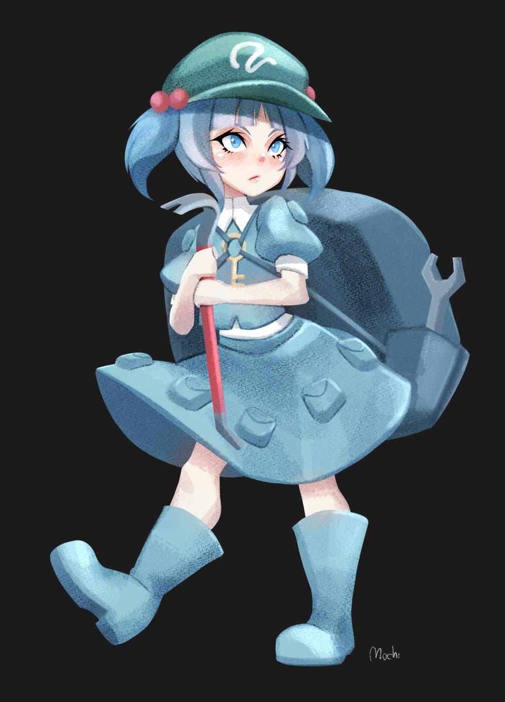 1girl artist_name backpack bag bangs black_background blue_eyes blue_footwear blue_hair blue_shirt blue_skirt blush boots cabbie_hat commentary crowbar english_commentary eyelashes full_body green_headwear hair_bobbles hair_ornament hat highres holding kawashiro_nitori key looking_at_viewer mochi_(chain_csn) pouch puffy_short_sleeves puffy_sleeves shirt short_hair short_sleeves sidelocks signature simple_background skirt skirt_set solo standing touhou twintails wrench