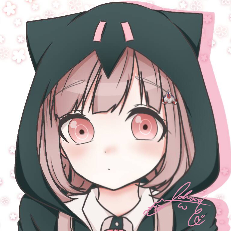 1girl artist_request bangs blush commentary_request dangan_ronpa dot_nose eyebrows_visible_through_hair face flipped_hair hair_ornament hairclip hood hoodie looking_at_viewer nanami_chiaki pink_eyes pink_hair short_hair signature solo super_dangan_ronpa_2