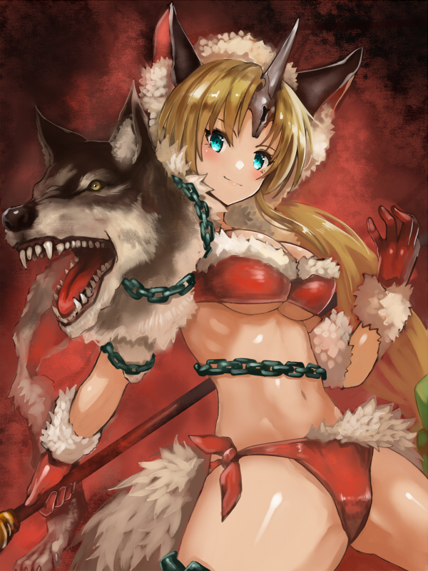 1girl animal_ear_fluff animal_ears aqua_eyes bikini blonde_hair blush bow breasts chain commentary_request edobox fangs feet_out_of_frame fenrir_knight fur_trim gloves green_bow holding holding_spear holding_weapon horn large_breasts light_smile long_hair navel polearm red_background red_bikini red_gloves riesz seiken_densetsu seiken_densetsu_3 sharp_teeth side-tie_bikini solo spear swimsuit teeth thighs tongue under_boob very_long_hair weapon wolf_ears wolf_head wolf_pelt yellow_eyes
