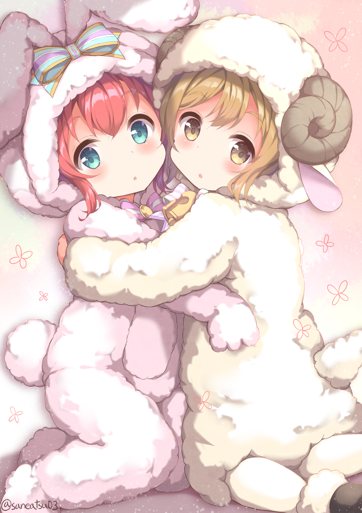 2girls :o animal_costume animal_ears aqua_eyes bell bow brown_eyes brown_hair bunny_costume bunny_tail commentary_request horns kunikida_hanamaru kurosawa_ruby looking_at_viewer love_live! love_live!_sunshine!! multiple_girls niwasane_(saneatsu03) rabbit_ears redhead sheep_costume sheep_horns sheep_tail short_hair tail twitter_username