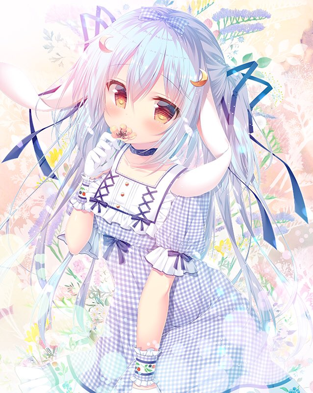 1girl arm_garter blue_bow blue_hair blue_ribbon bow brown_eyes character_request copyright_request crescent crescent_hair_ornament eyebrows_visible_through_hair flower gloves hair_bow hair_ornament hair_ribbon hand_to_own_mouth holding holding_flower long_hair looking_at_viewer mitsumomo_mamu ribbon short_sleeves solo very_long_hair white_gloves