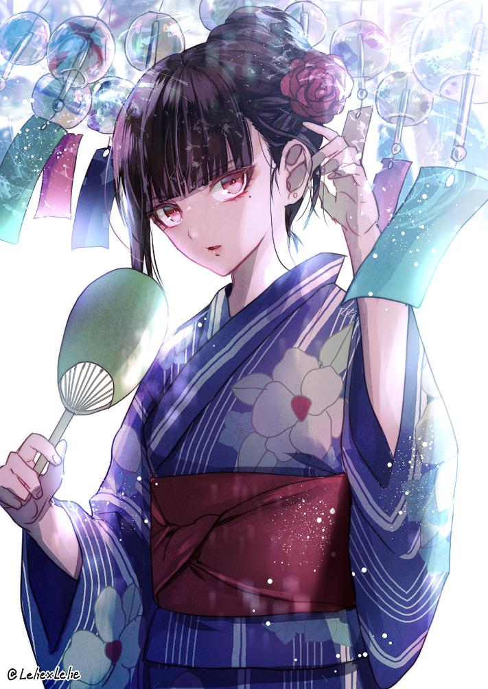 1girl alternate_costume alternate_hairstyle artist_name artist_request bangs black_hair blue_kimono commentary_request dangan_ronpa fan floral_print flower harukawa_maki holding japanese_clothes kimono long_sleeves looking_at_viewer mole mole_under_eye new_dangan_ronpa_v3 red_eyes red_flower red_lips red_rose rose short_hair simple_background solo white_background wide_sleeves z-epto_(chat-noir86)