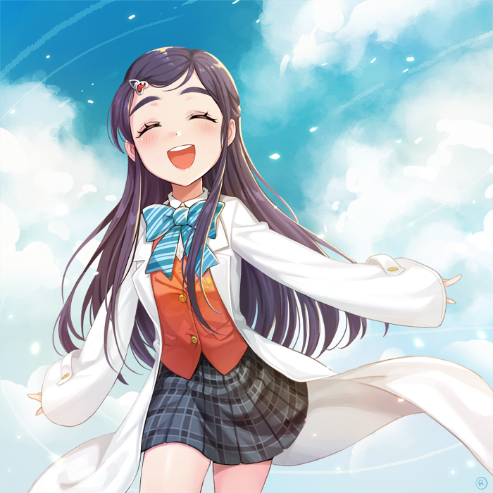 1girl :d black_hair blue_bow blue_neckwear blush bow bowtie closed_eyes clouds cowboy_shot floating_hair futari_wa_precure grey_skirt hair_ornament hairclip jacket labcoat long_hair miniskirt open_mouth orange_jacket outstretched_arms plaid plaid_skirt pleated_skirt precure rushi_(bloodc) school_uniform skirt smile solo standing striped striped_neckwear very_long_hair yukishiro_honoka