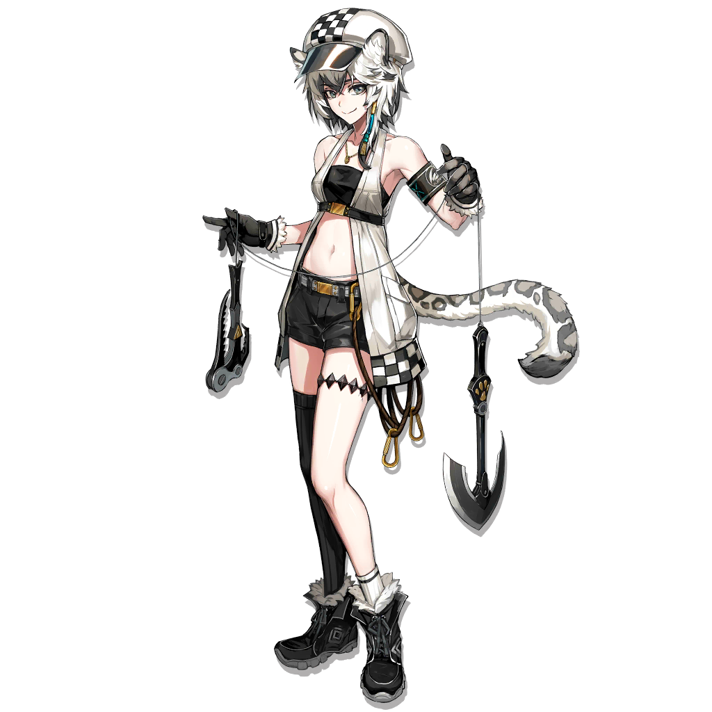 1girl animal_ear_fluff animal_ears arknights armband armpits bandeau bangs bare_shoulders belt black_bandeau black_footwear black_gloves black_hair black_legwear black_shorts boots breasts buckle cliffheart_(arknights) closed_mouth collarbone full_body fur-trimmed_boots fur_trim gloves grey_eyes hair_between_eyes hair_ribbon hat holding holding_kusarigama holding_weapon jacket jewelry kusarigama leopard_ears leopard_tail long_hair looking_at_viewer midriff navel necklace open_clothes open_jacket ribbon ryuuzaki_ichi short_hair short_shorts shorts sickle sidelocks single_sock single_thighhigh sleeveless_jacket small_breasts smile socks solo stomach tachi-e tail thigh-highs thigh_strap transparent_background tress_ribbon weapon white_hair white_legwear
