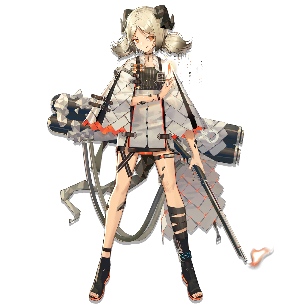 1girl :q arknights bangs black_footwear blonde_hair boots breasts canister choker cloak dress eyebrows_visible_through_hair fire flamethrower flat_chest full_body gas_tank gradient_hair grey_dress grey_hair gun hand_up holding holding_gun holding_weapon horns ifrit_(arknights) leg_strap looking_at_viewer low_twintails multicolored_hair official_art open_toe_shoes orange_eyes orange_nails parted_bangs sho_(sho_lwlw) short_dress sidelocks slit_pupils solo striped striped_dress tachi-e tail thigh_strap toeless_boots toenail_polish tongue tongue_out transparent_background twintails weapon white_cloak