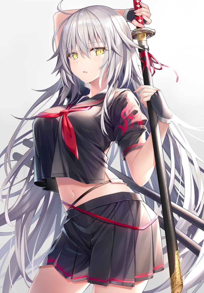 1girl ahoge bangs black_gloves black_serafuku black_shirt black_skirt blush breasts crop_top crop_top_overhang fate/grand_order fate_(series) fingerless_gloves gloves hair_between_eyes highres jeanne_d'arc_(alter_swimsuit_berserker) jeanne_d'arc_(fate)_(all) katana large_breasts long_hair looking_at_viewer navel open_mouth pleated_skirt red_neckwear rin_yuu sailor_collar school_uniform serafuku shirt short_sleeves silver_hair skirt solo sword thighs very_long_hair weapon white_background yellow_eyes