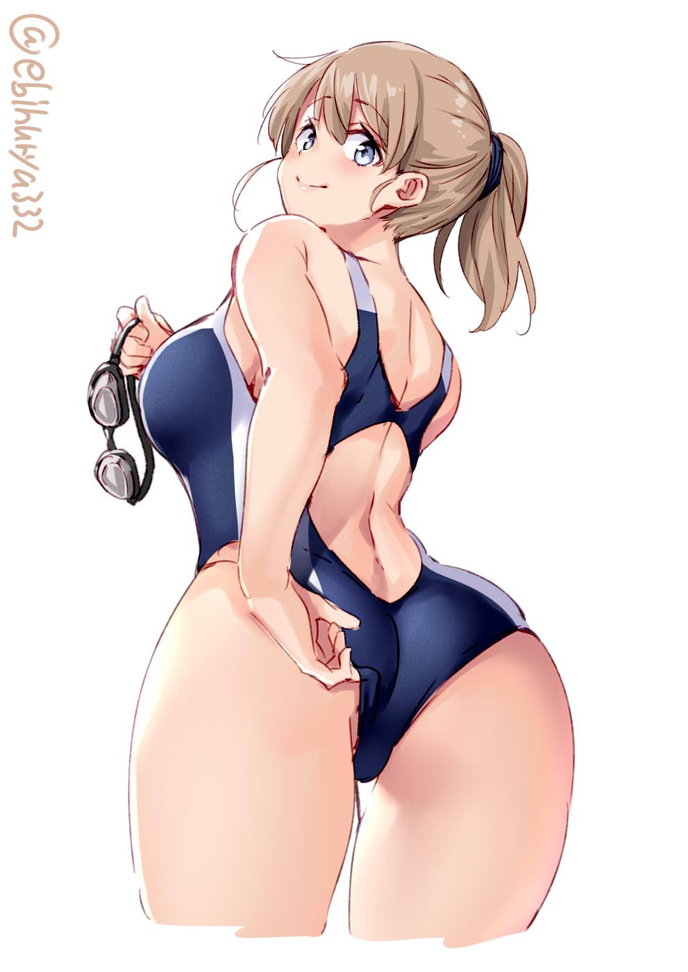 1girl ass blue_eyes blue_swimsuit blush breasts closed_mouth competition_swimsuit ebifurya from_behind googles highres holding holding_eyewear intrepid_(kantai_collection) kantai_collection large_breasts light_brown_hair looking_at_viewer looking_back medium_hair one-piece_swimsuit ponytail simple_background smile solo swimsuit twitter_username upper_body white_background