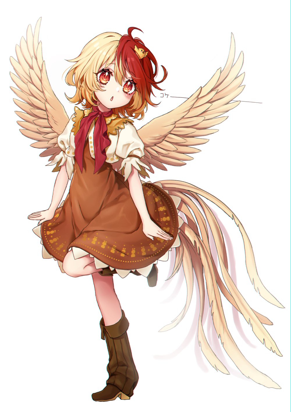 1girl animal animal_on_head bangs bird blonde_hair blush boots brown_dress brown_footwear chick commentary_request dress eyebrows_visible_through_hair feathered_wings full_body hair_between_eyes head_tilt highres kyouda_suzuka leg_up looking_at_viewer multicolored_hair niwatari_kutaka on_head parted_lips puffy_short_sleeves puffy_sleeves red_eyes red_neckwear redhead shirt short_dress short_hair short_sleeves simple_background solo standing standing_on_one_leg tail_feathers touhou translated two-tone_hair white_background white_shirt wings yellow_wings