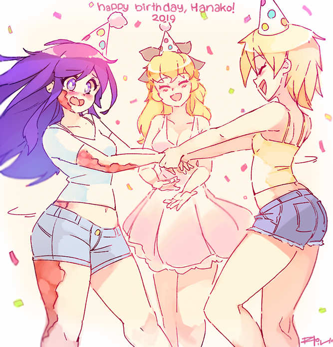 2019 3girls :d ^_^ bare_shoulders birthday black_ribbon blonde_hair blush burn_scar camisole closed_eyes commentary confetti cutoffs dancing dress english_commentary hair_ribbon happy_birthday hat holding_hands katawa_shoujo long_hair multiple_girls navel open_mouth outstretched_arms party_hat pom_pom_(clothes) purple_hair ribbon rtil satou_akira satou_lilly scar shirt short_hair short_shorts short_sleeves shorts signature simple_background sleeveless sleeveless_dress smile spaghetti_strap violet_eyes wavy_mouth white_background white_dress white_shirt yellow_camisole