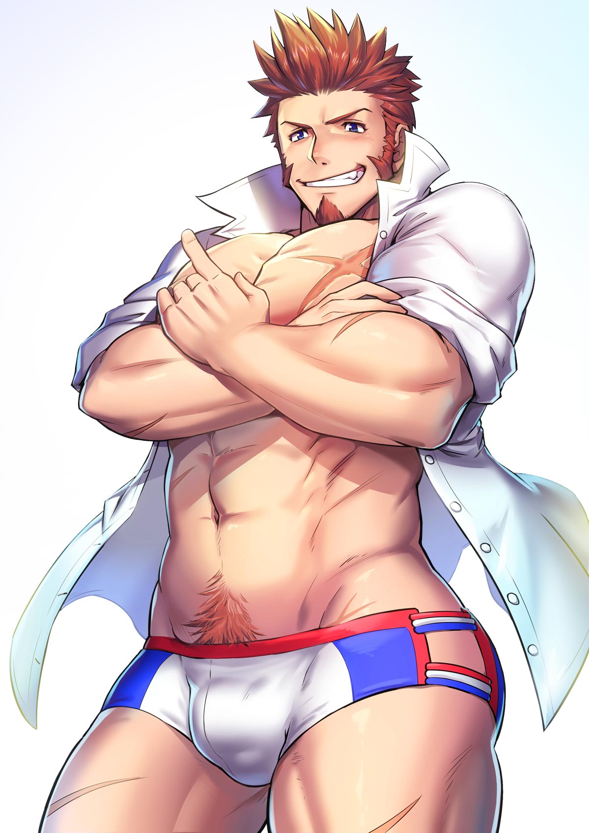 1boy abs bara beard blue_eyes brown_hair bulge chest commentary_request epaulettes facial_hair fate/grand_order fate_(series) highres male_focus male_swimwear muscle napoleon_bonaparte_(fate/grand_order) open_clothes open_shirt pectorals scar simple_background smile spiky_hair swim_briefs swimwear teeth thighs toned waku_(ayamix) white_background