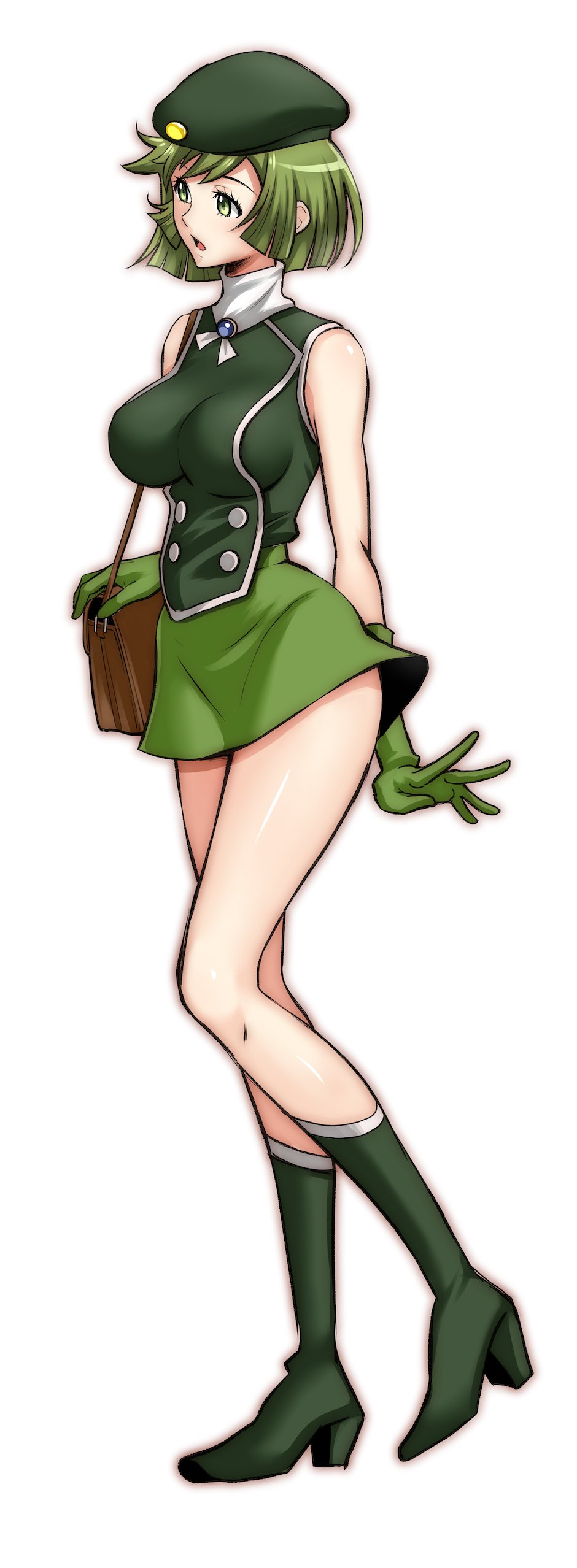 1girl absurdres bag bangs beret blouse bob_cut boots breasts brooch carrying cutie_honey full_body gloves green_blouse green_eyes green_footwear green_gloves green_hair green_headwear green_skirt handbag hat heel_up high_heel_boots high_heels highres idol_honey itachou jewelry kisaragi_honey large_breasts looking_to_the_side miniskirt open_mouth short_hair simple_background skirt sleeveless_blouse solo standing turtleneck white_background