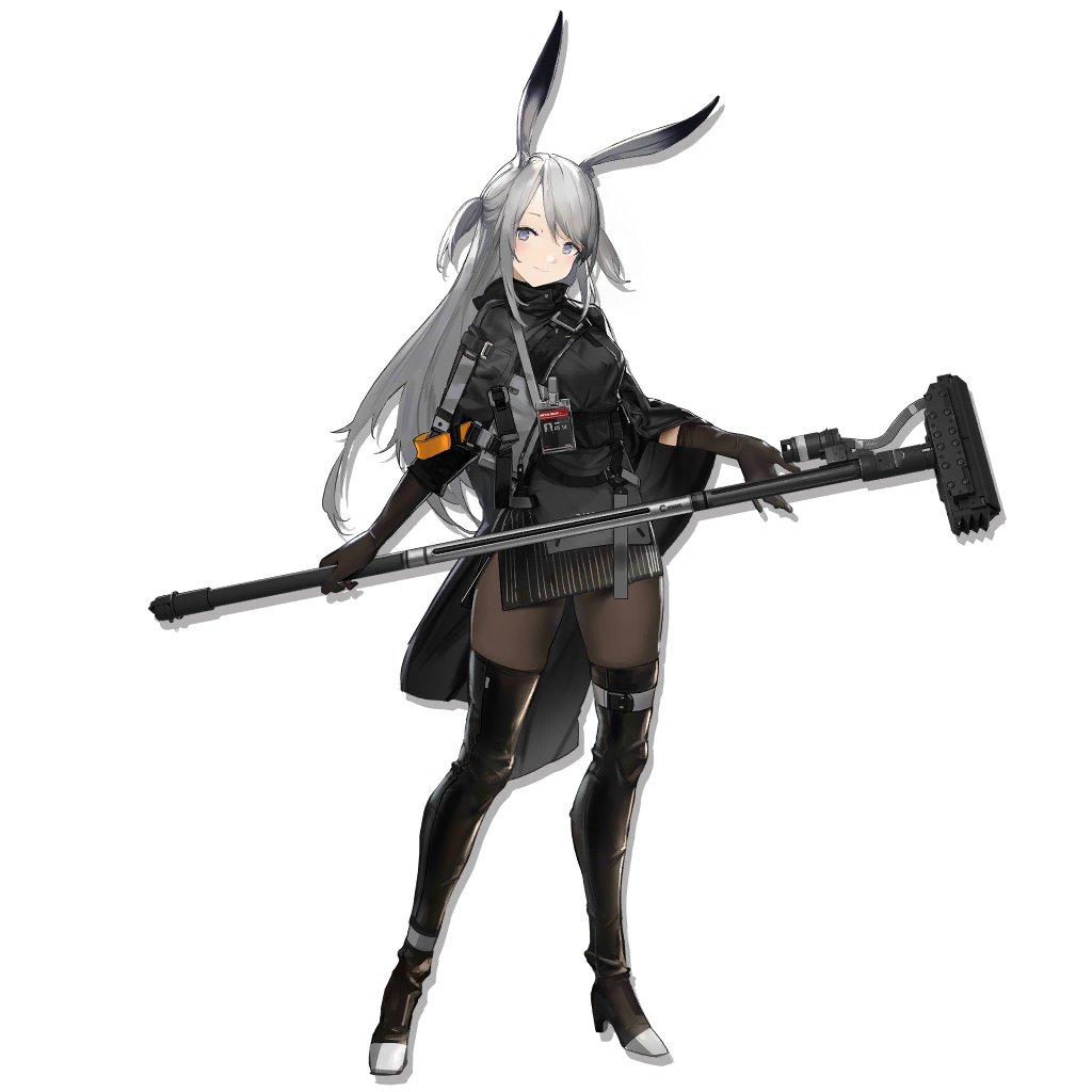1girl animal_ears arknights bangs black_cloak black_dress black_footwear black_gloves black_skirt blush boots breasts brown_legwear cloak closed_mouth dress full_body gloves grey_eyes grey_hair hair_between_eyes head_tilt holding holding_hammer jacket large_breasts light_smile long_hair looking_at_viewer name_tag official_art pantyhose rabbit_ears savage_(arknights) short_dress sidelocks skirt solo tachi-e thigh-highs thigh_boots transparent_background two_side_up weapon