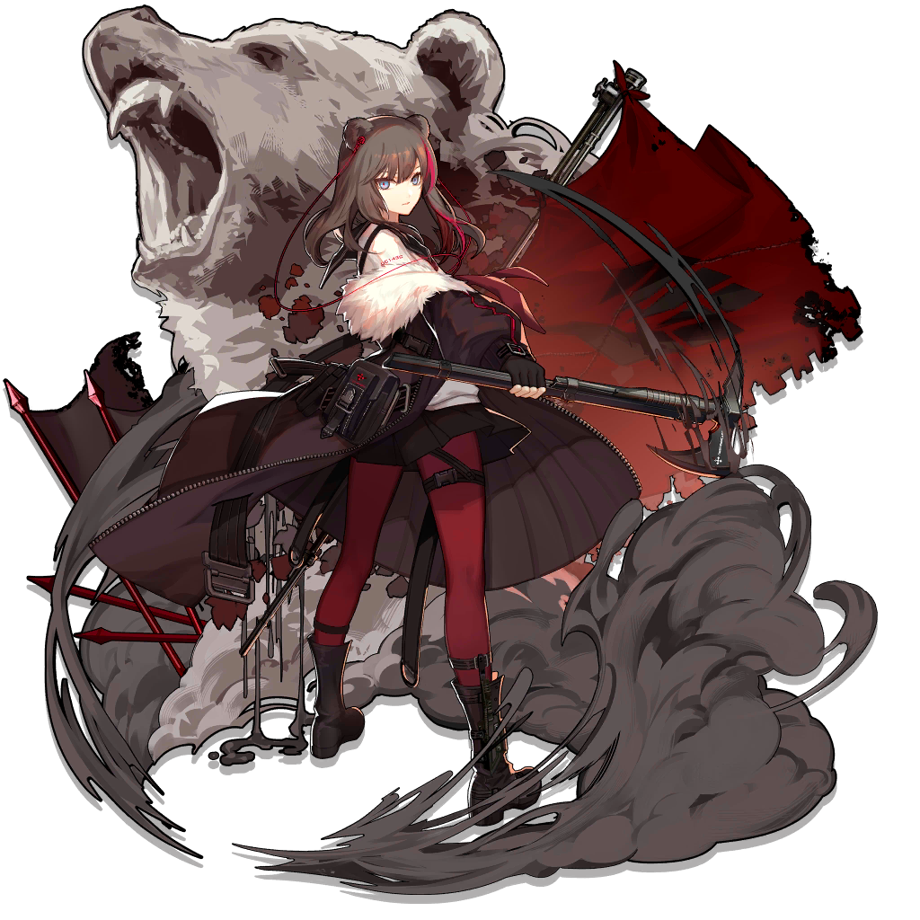 1girl animal_ears arknights axe bangs bear bear_ears black_choker black_footwear black_jacket black_legwear black_sailor_collar black_shirt blue_eyes boots breasts brown_hair brown_skirt choker cross-laced_footwear earphones earphones elite_ii_(arknights) expressionless from_behind full_body fur-trimmed_jacket fur_trim hair_between_eyes hand_up holding holding_axe jacket kneehighs lace-up_boots long_hair long_sleeves looking_at_viewer looking_back multicolored_hair off_shoulder official_art open_clothes open_jacket pantyhose pleated_skirt red_legwear red_neckwear redhead ribbed_legwear sailor_collar school_uniform serafuku shirt sidelocks skade skirt smoke solo standing streaked_hair tachi-e transparent_background v-shaped_eyebrows weapon white_jacket wind wind_lift zima_(arknights)