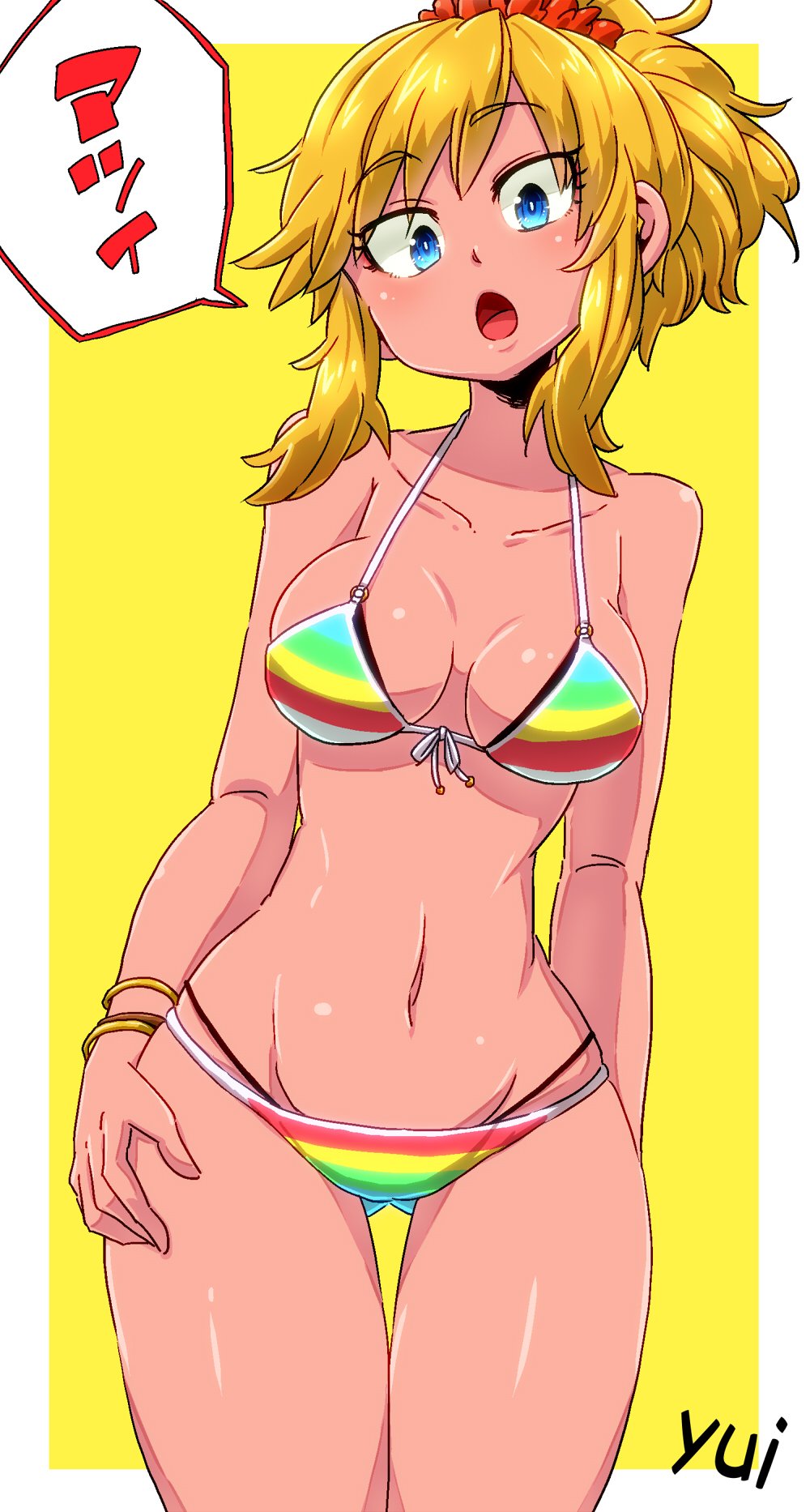 1girl aono3 arm_behind_back ass_visible_through_thighs bikini blonde_hair blue_eyes bracelet breasts character_name collarbone commentary cowboy_shot eyebrows_visible_through_hair groin hair_ornament hair_scrunchie hand_on_thigh head_tilt highres idolmaster idolmaster_cinderella_girls idolmaster_cinderella_girls_starlight_stage jewelry leaning_to_the_side looking_at_viewer medium_breasts medium_hair multicolored multicolored_stripes navel ootsuki_yui open_mouth outside_border ponytail rainbow_bikini red_scrunchie scrunchie solo standing striped striped_bikini swimsuit tan thigh_gap thighs translated yellow_background