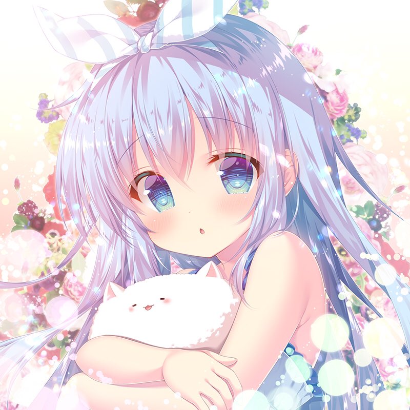 1girl animal blue_eyes blue_hair blue_ribbon blush cat crossed_arms eyebrows_visible_through_hair flower gochuumon_wa_usagi_desu_ka? hair_ribbon holding holding_animal kafuu_chino long_hair looking_at_viewer mitsumomo_mamu multicolored multicolored_ribbon parted_lips ribbon solo tippy_(gochiusa) upper_body white_ribbon