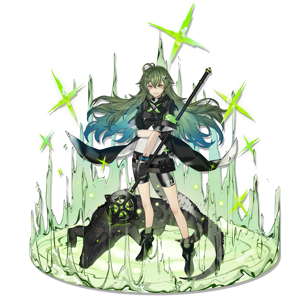 1girl ankle_boots antenna_hair arknights arm_up armband bangs belt black_dress black_footwear black_gloves boots breasts crocodile crocodile_tail crocodilian dress floating_hair gavial_(arknights) gloves green_hair green_legwear grey_shorts grin hair_between_eyes hair_ornament hairclip high_collar high_heel_boots high_heels holding holding_staff hood hood_down hooded_jacket jacket kneehighs leg_up llc long_hair looking_at_viewer medium_breasts messy_hair pointy_ears pouch ribbed_legwear shirt shorts sidelocks smile solo staff standing standing_on_one_leg tail transparent_background white_shirt yellow_eyes