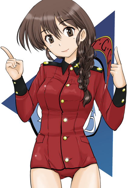 1girl adapted_costume alternate_color_school_swimsuit ass_visible_through_thighs bangs braid brown_eyes brown_hair closed_mouth commentary_request cowboy_shot emblem epaulettes eyebrows_visible_through_hair girls_und_panzer hair_over_shoulder head_tilt insignia long_hair long_sleeves looking_at_viewer pointing pointing_up red_swimsuit rukuriri rukuriritea school_swimsuit single_braid smile solo st._gloriana's_(emblem) st._gloriana's_military_uniform standing swimsuit white_background