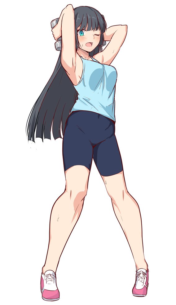 1girl arms_behind_head bangs bare_arms bare_shoulders black_hair blue_eyes blue_shirt blue_shorts blush breasts character_request commentary_request copyright_request full_body large_breasts long_hair looking_at_viewer one_eye_closed open_mouth shirt shiseki_hirame shoes shorts simple_background solo standing weightlifting white_background white_footwear