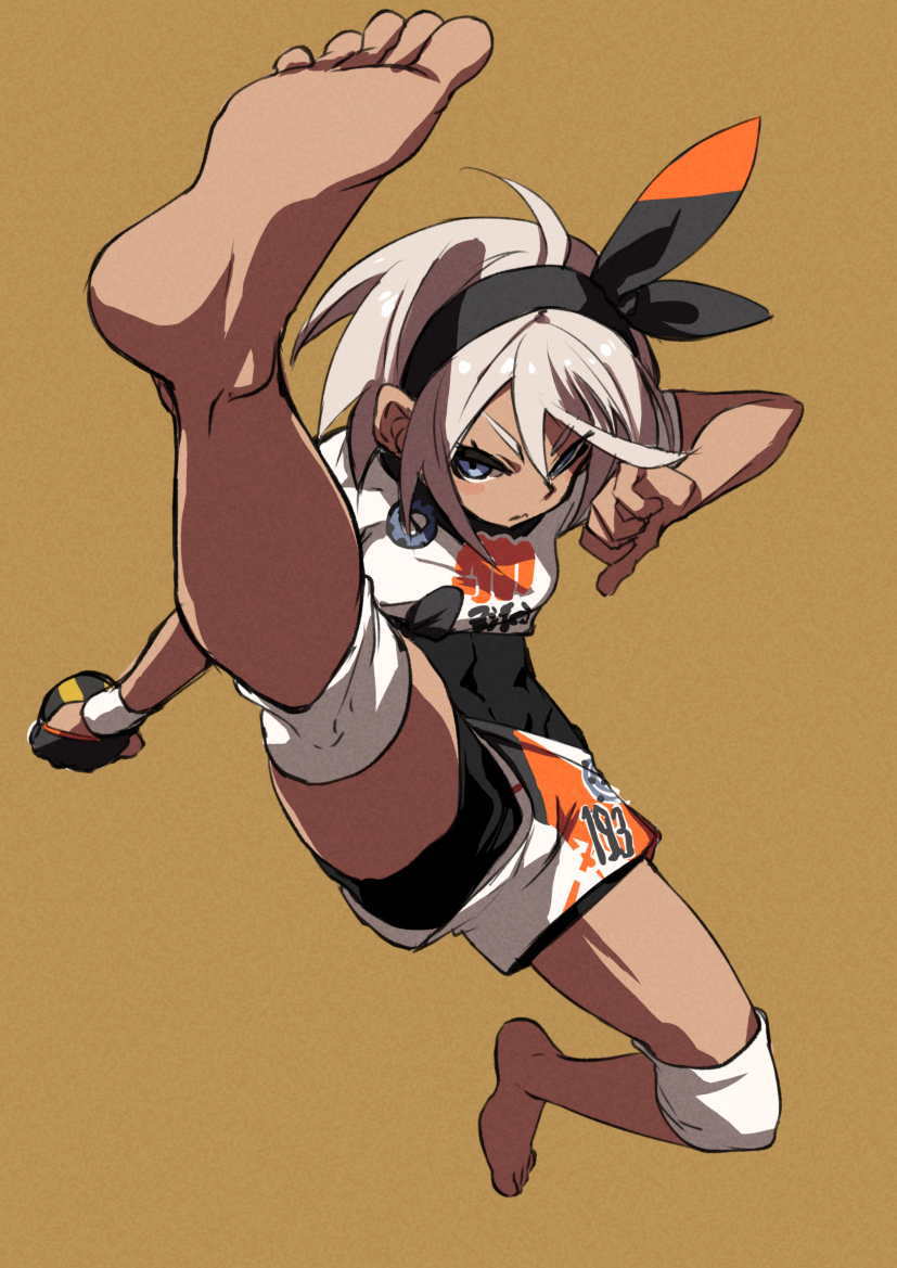 1girl barefoot blue_eyes dark_skin feet fu-ta full_body glaring gloves hairband half-closed_eyes kicking leg_up looking_at_viewer midriff poke_ball pokemon pokemon_(game) pokemon_swsh saitou_(pokemon) short_hair short_shorts short_sleeves shorts single_glove soles solo toes white_hair