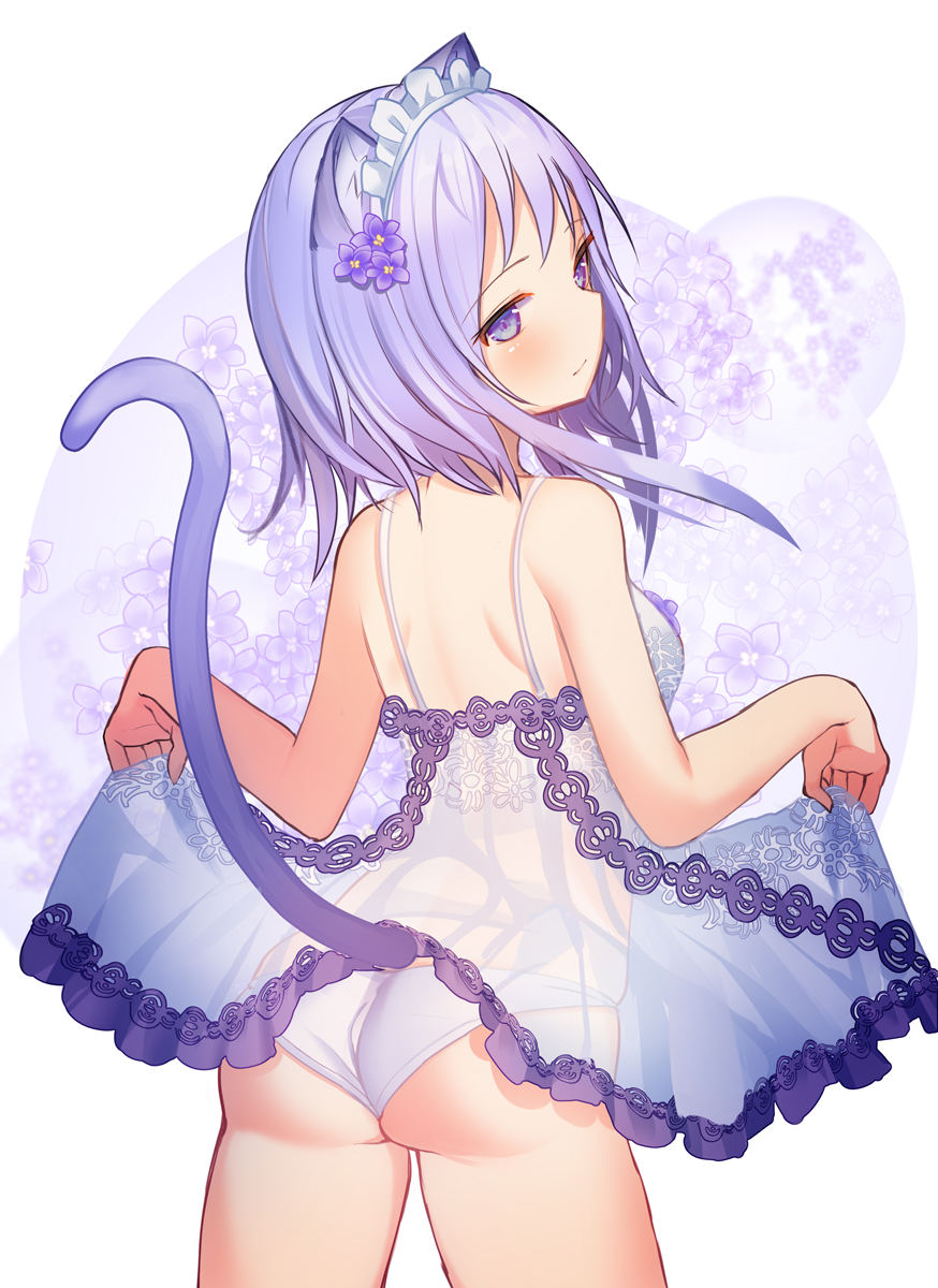 1girl animal_ear_fluff animal_ears ass bangs bare_arms bare_shoulders blush breasts cat_ears cat_girl cat_tail closed_mouth commentary_request eyebrows_visible_through_hair floral_background flower hair_flower hair_ornament highres looking_at_viewer looking_back maid_headdress medium_breasts original panties purple_flower purple_hair rk_(rktorinegi) see-through solo tail tail_raised underwear violet_eyes white_background white_panties