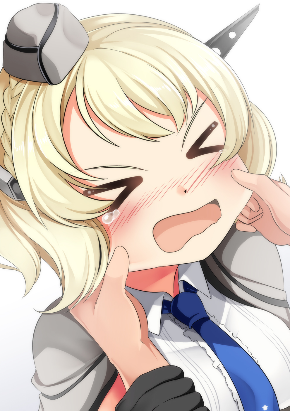 &gt;_&lt; 1girl blonde_hair blue_neckwear breasts capelet cheek_pinching colorado_(kantai_collection) commentary_request facing_viewer garrison_cap gradient gradient_background hat headgear highres kantai_collection large_breasts necktie open_mouth pinching shirt short_hair side_braids sleeveless solo upper_body white_background white_shirt yasume_yukito