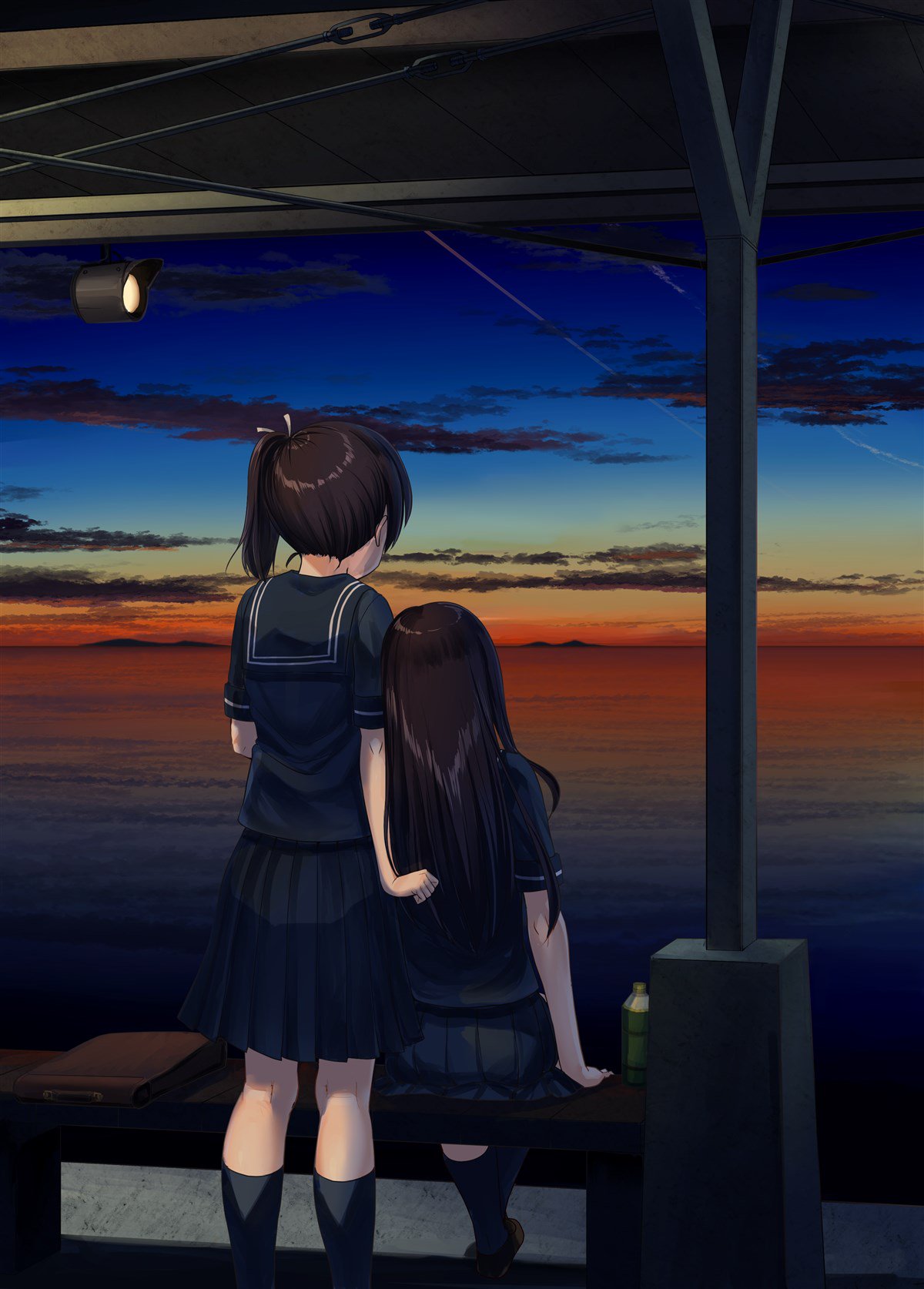 2girls akagi_(kantai_collection) bench black_legwear brown_hair clouds evening from_behind highres ichikawa_feesu kaga_(kantai_collection) kantai_collection leaning_on_person leaning_to_the_side long_hair multiple_girls outdoors ponytail sailor_collar school_uniform serafuku short_sleeves side_ponytail sitting skirt sky socks standing water