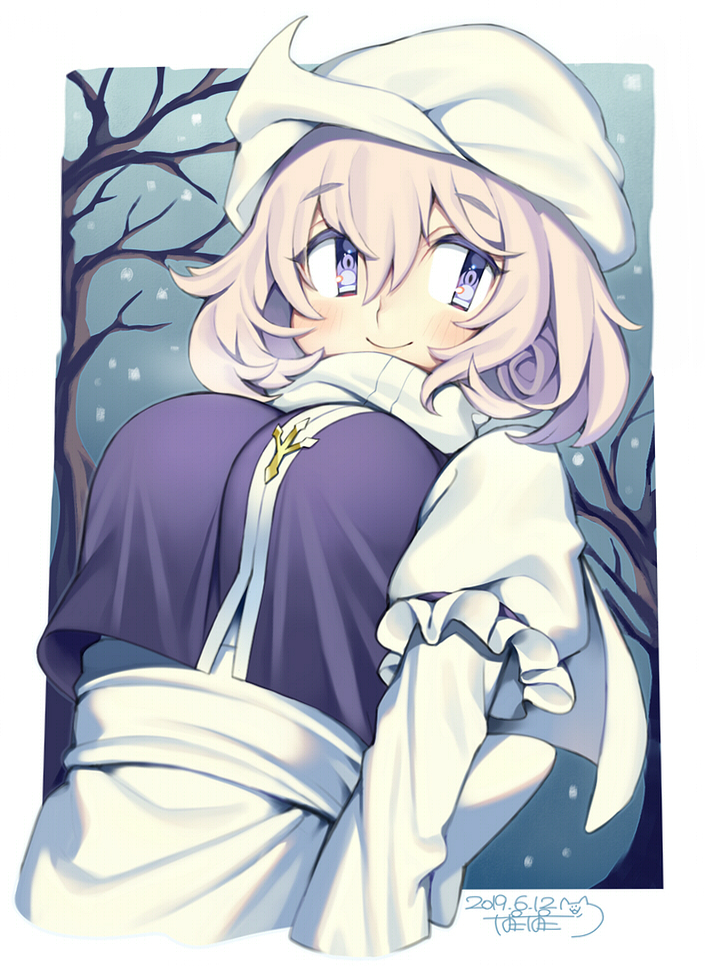 1girl artist_name blue_eyes blush breasts closed_mouth dated eyebrows_visible_through_hair iroyopon large_breasts letty_whiterock long_sleeves looking_at_viewer short_hair signature silver_hair smile snow snowing solo touhou tree upper_body white_headwear