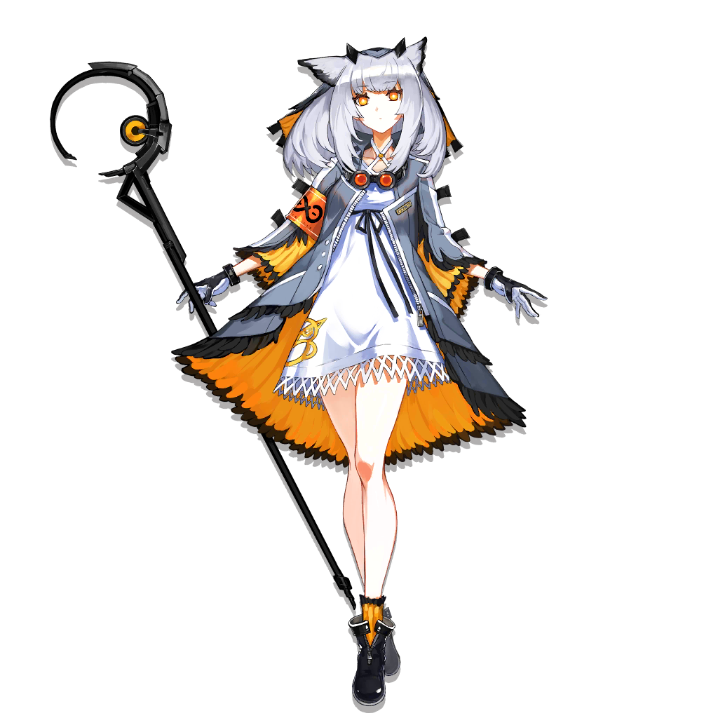 1girl animal_ears arknights armband bangs bare_legs black_footwear boots breasts closed_mouth coat collarbone crossed_legs dress expressionless eyebrows_visible_through_hair feather-trimmed_coat feather_trim full_body gloves goggles grey_coat grey_hair headwear holding holding_staff long_sleeves looking_at_viewer medium_breasts medium_hair multicolored multicolored_eyes official_art open_clothes open_coat orange_eyes orange_legwear owl_ears ptilopsis_(arknights) ryuuzaki_ichi sidelocks socks solo staff tachi-e transparent_background veil watson_cross weapon white_dress yellow_eyes