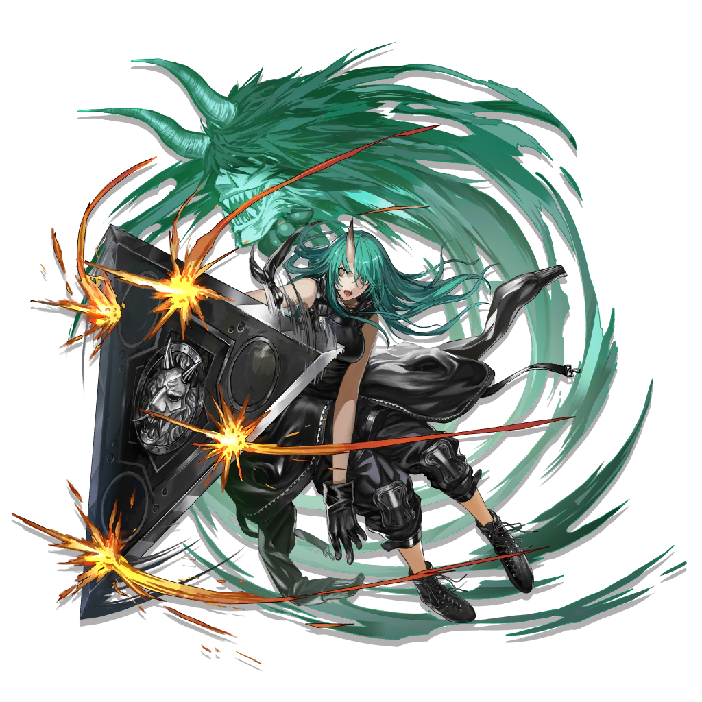 1girl arknights arm_scarf arm_strap aura bangs black_footwear black_gloves black_pants black_scarf black_shirt boots breastplate breasts clothes_around_waist cross-laced_footwear elite_ii_(arknights) full_body gloves green_eyes green_hair hair_between_eyes high_collar holding holding_shield horn hoshiguma_(arknights) infukun jacket_around_waist knee_pads lace-up_boots large_breasts long_hair looking_at_viewer motion_blur official_art oni_horns open_mouth pants ricocheting scarf shield shirt sidelocks sleeveless solo spinning tachi-e toned transparent_background yellow_eyes
