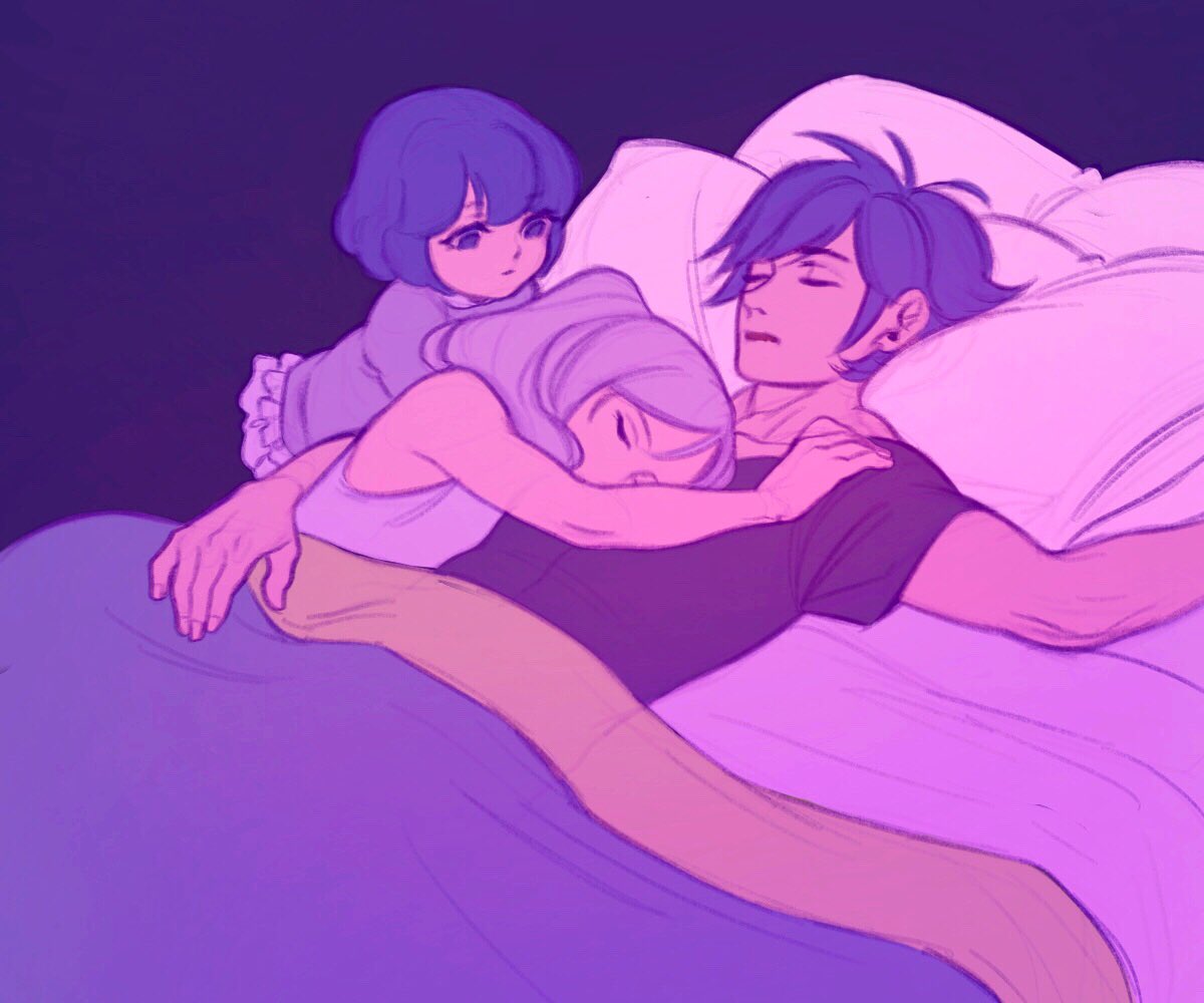 1boy 2girls bed blanket blue_hair chrom_(fire_emblem) dark_background family father_and_daughter fire_emblem fire_emblem_awakening hollyfig husband_and_wife lucina mother_and_daughter multiple_girls pillow robin_(fire_emblem) robin_(fire_emblem)_(female) short_hair silver_hair sleeping