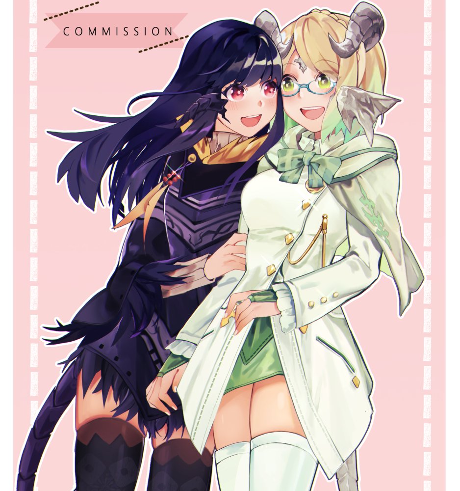 2girls au_ra black_hair black_legwear blonde_hair blush bow braid commentary commission dress english_commentary eyebrows_visible_through_hair final_fantasy final_fantasy_xiv glasses green_bow horns jacket long_hair long_sleeves looking_at_another multiple_girls original pink_background red_eyes rirene_rn scales short_hair simple_background smile tail thigh-highs upper_teeth white_jacket white_legwear