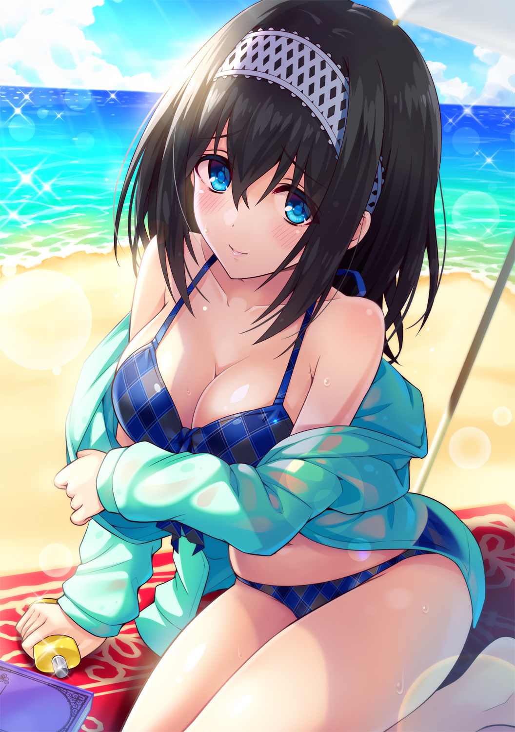 1girl bangs bare_shoulders beach bikini black_hair blue_bikini blue_eyes blue_jacket blue_sky blush breasts closed_mouth collarbone hair_between_eyes hairband highres idolmaster idolmaster_cinderella_girls jacket large_breasts long_hair looking_at_viewer lotion_bottle ocean off_shoulder open_clothes open_jacket sagisawa_fumika sky smile solo sparkle sunlight swimsuit thighs urabi_(tomatohouse)