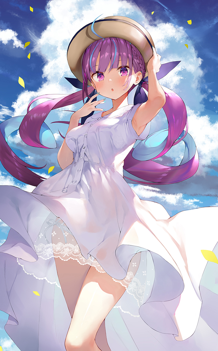 1girl ahoge arm_up armpits bare_arms blue_sky breasts buttons clouds commentary_request day dress floating_hair hand_up hat hololive leaf leaves_in_wind long_hair looking_at_viewer matsui_hiroaki medium_breasts minato_aqua multicolored_hair nail_polish parted_lips purple_hair short_sleeves sky solo standing sun_hat thighs twintails two-tone_hair very_long_hair violet_eyes white_dress