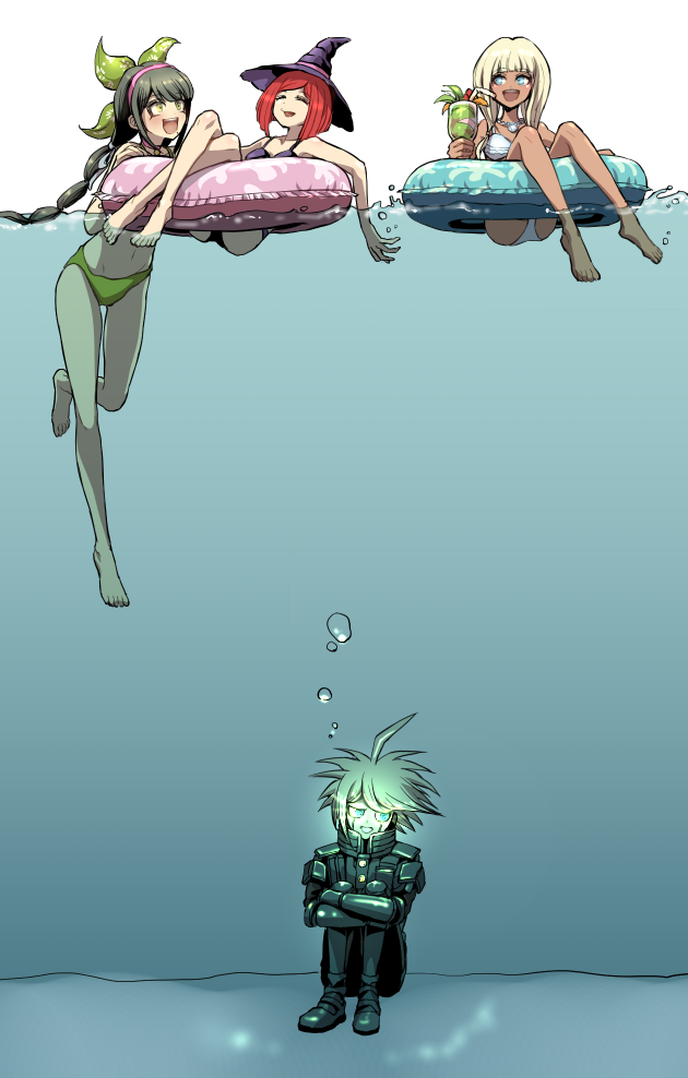 1boy 3girls barefoot bikini black_bikini black_hair black_headwear blonde_hair blue_eyes bow braid bubble chabashira_tenko closed_eyes cute dangan_ronpa dark_skin floating_hair full_body green_bikini_bottom green_bow hair_bow hairband hat innertube keebo leg_hug long_hair multiple_girls new_dangan_ronpa_v3 pink_hairband redhead short_hair spike_chunsoft swim_ring swimming swimsuit underwater very_long_hair white_bikini witch_hat yonaga_angie youko-shima yumeno_himiko