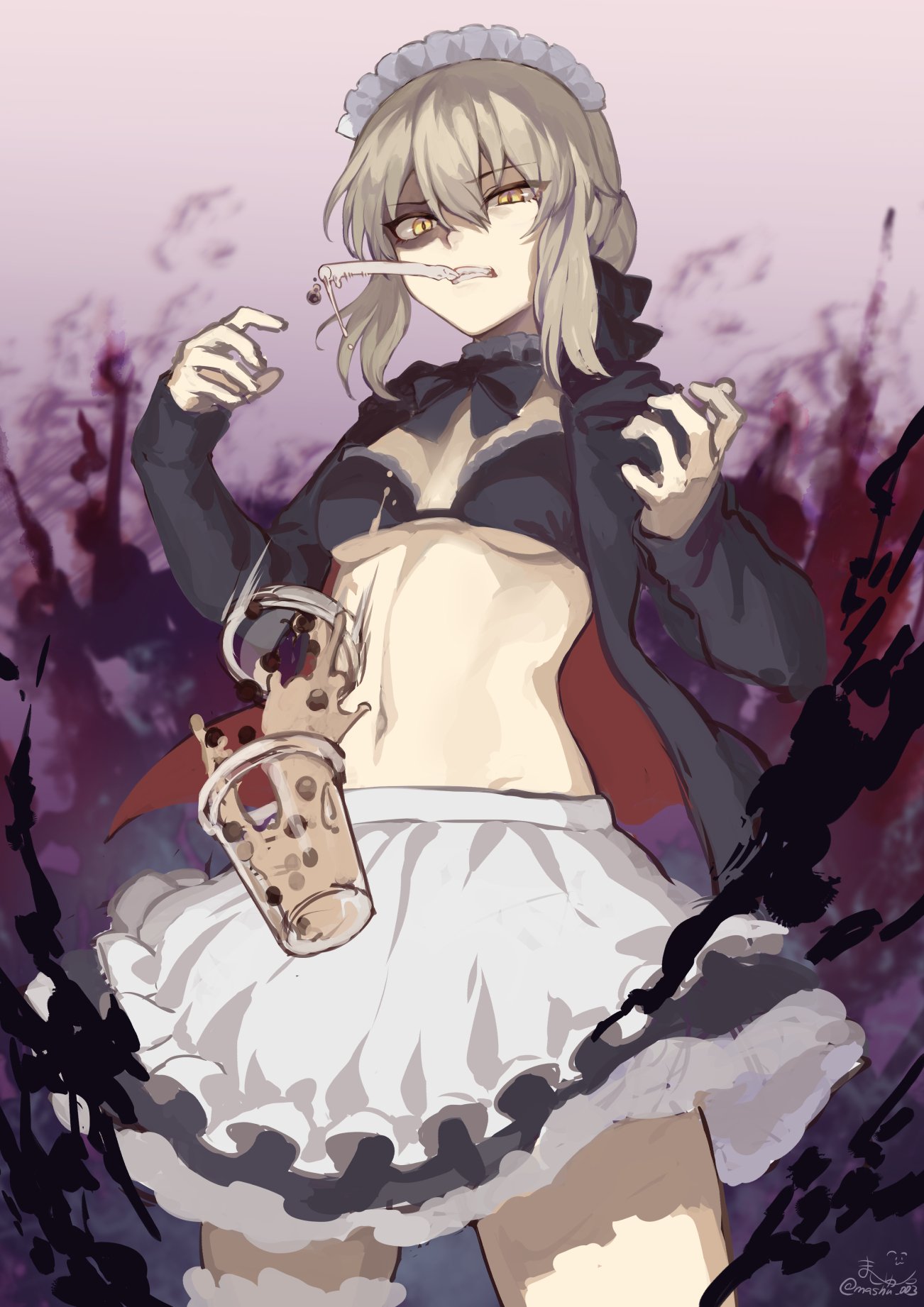 1girl artoria_pendragon_(all) artoria_pendragon_(swimsuit_rider_alter) bangs bikini black_bikini blonde_hair breasts bubble_tea bubble_tea_challenge clenched_teeth cowboy_shot cup disposable_cup drinking_straw dropping eyebrows_visible_through_hair fate/grand_order fate_(series) frills glaring highres jacket maid_bikini maid_headdress mashuu_(neko_no_oyashiro) medium_breasts navel open_clothes shaded_face short_hair signature solo spill swimsuit teeth thigh-highs twitter_username yellow_eyes