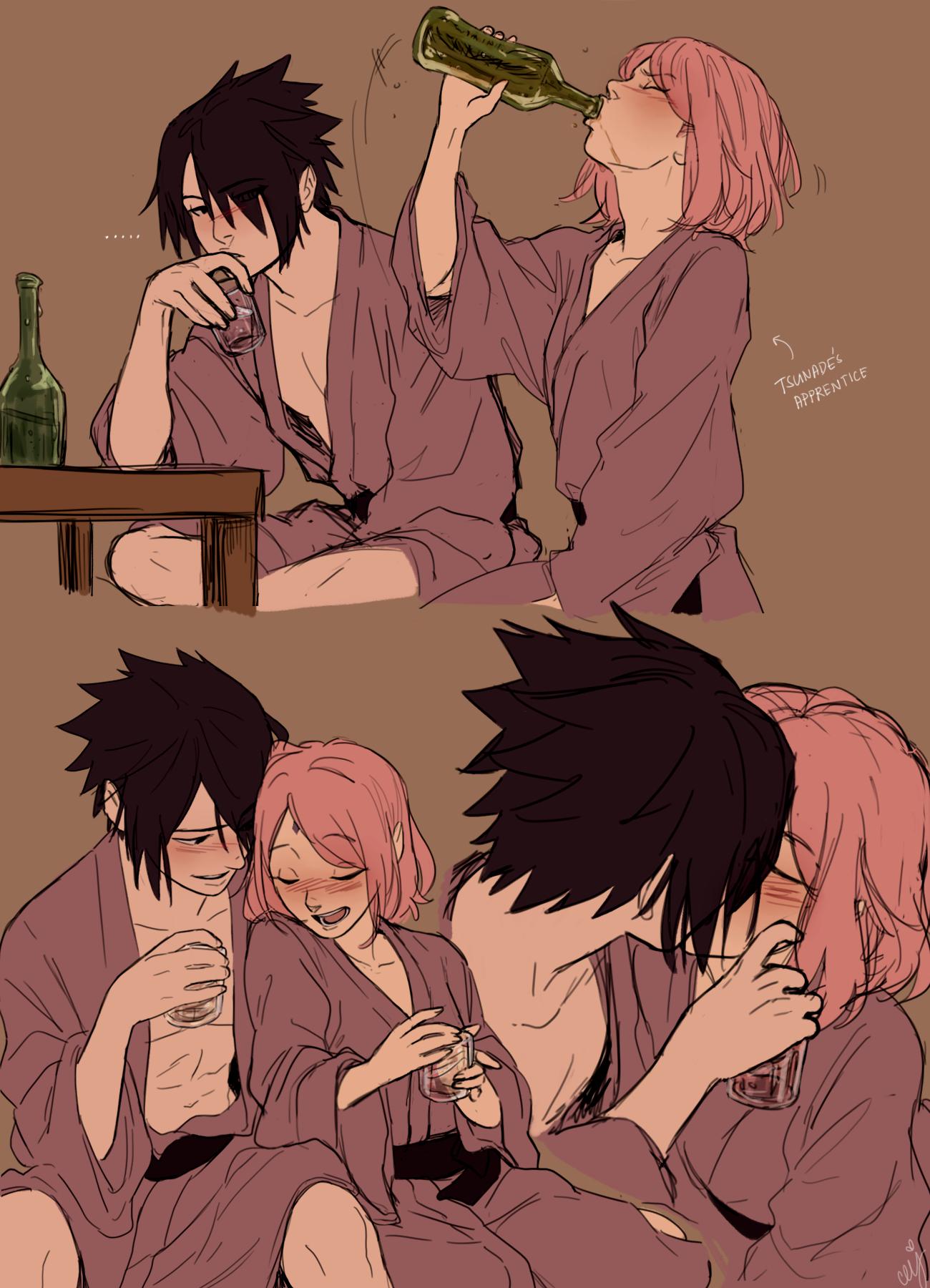 ... 1boy 1girl black_hair blush bottle ceejles closed_eyes cup drinking drinking_glass english_commentary eyebrows_visible_through_hair hair_over_one_eye haruno_sakura hetero highres holding holding_cup implied_kiss japanese_clothes kimono naruto_(series) open_mouth pink_hair sake_bottle short_hair simple_background uchiha_sasuke