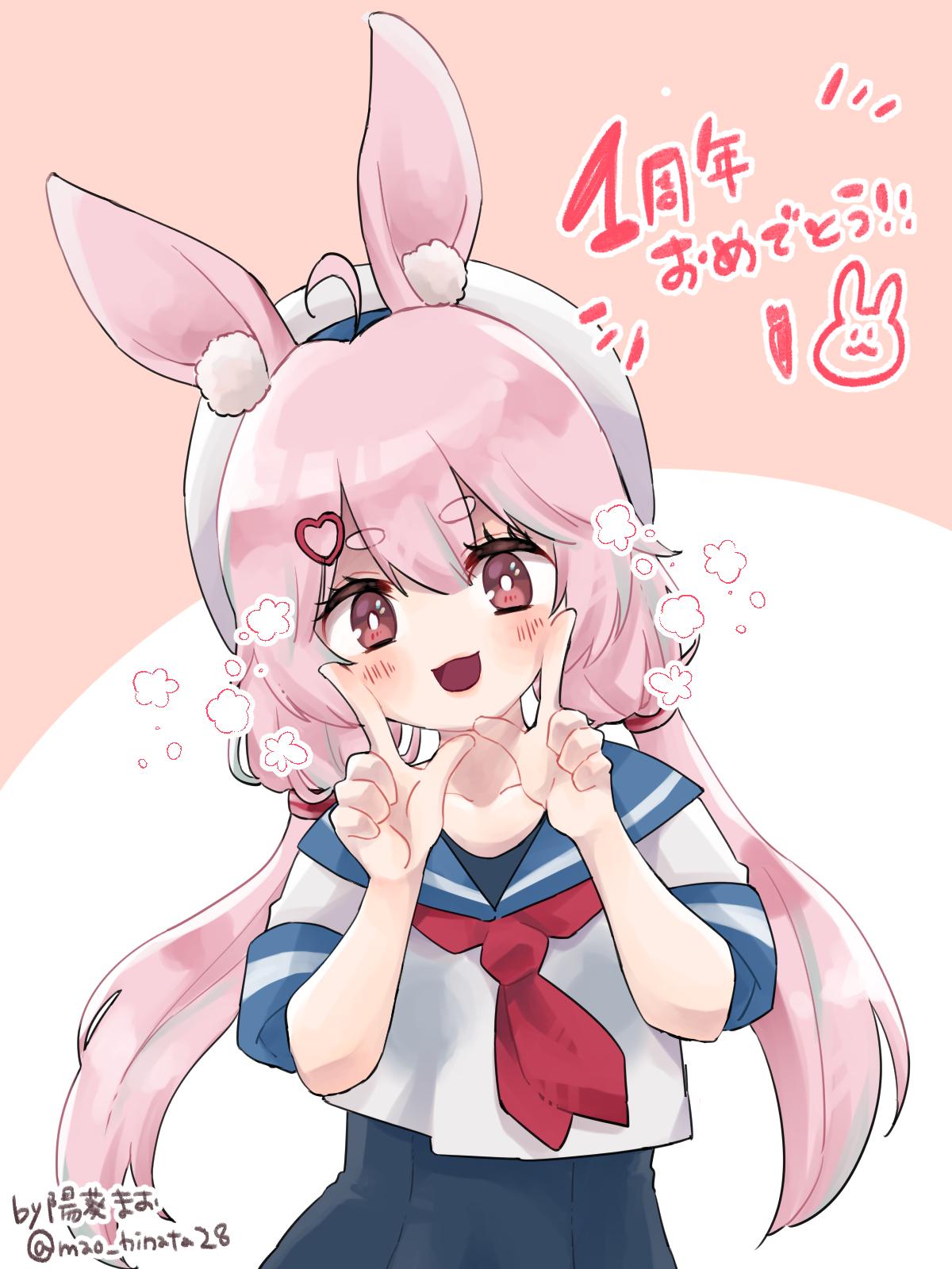 1girl ahoge animal_ear_fluff animal_ears commentary_request crop_top eyebrows_visible_through_hair hair_ornament hairclip hat highres index_fingers_raised long_hair low_twintails mao_hinata one-piece_swimsuit open_mouth pink_eyes pink_hair rabbit_ears school_swimsuit school_uniform serafuku shirt smile solo swimsuit tomari_mari tomari_mari_channel twintails upper_body virtual_youtuber white_headwear white_shirt