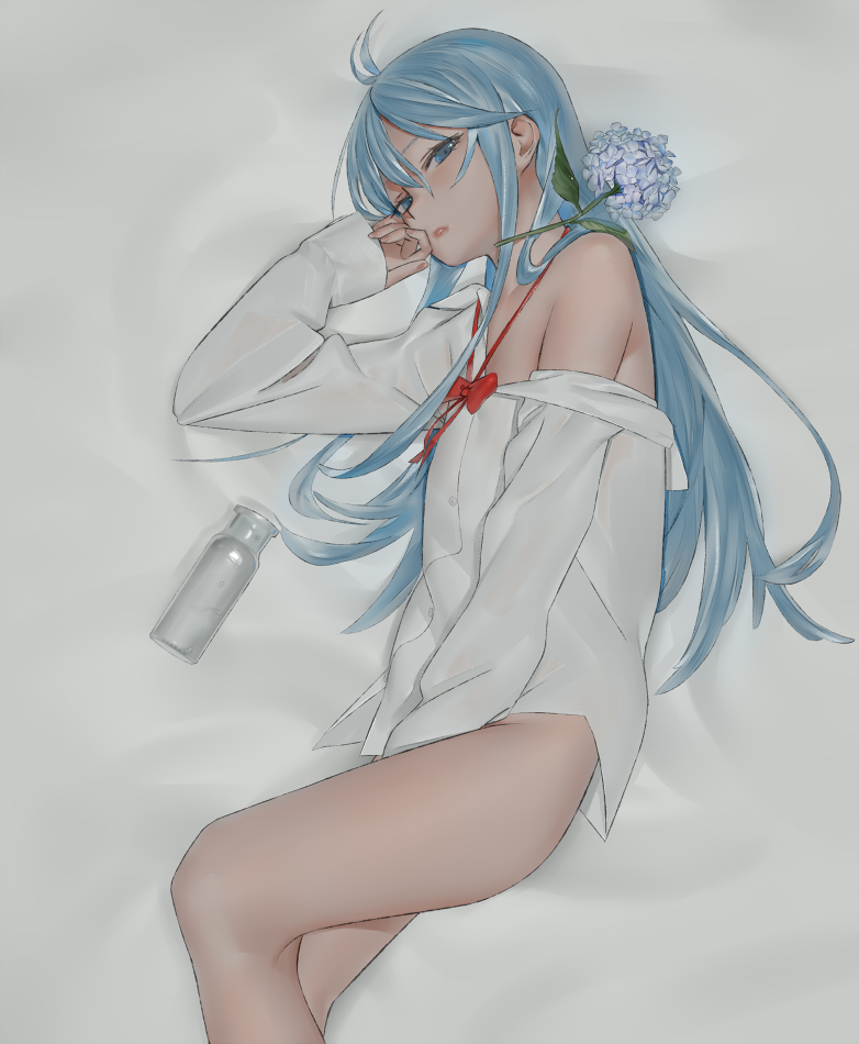 1girl blue_eyes blue_hair bottle commentary_request denpa_onna_to_seishun_otoko flower long_hair looking_at_viewer mi8pq no_pants off_shoulder shirt sitting smile solo touwa_erio