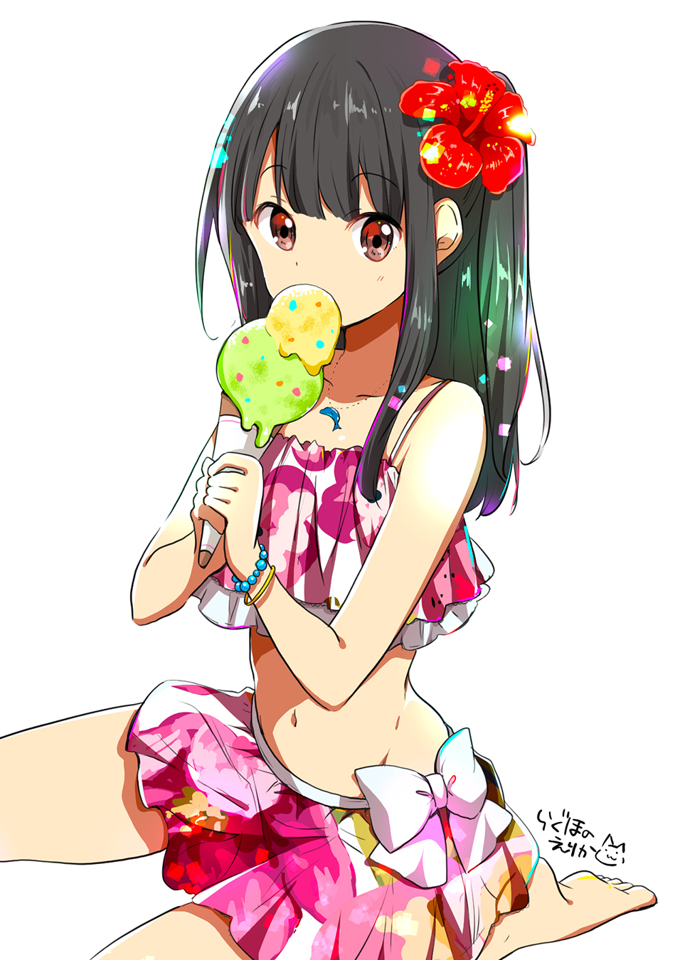 1girl bangs bare_shoulders bikini black_hair blush bow brown_eyes chijou_noko chikanoko collarbone commentary_request eyebrows_visible_through_hair flower food hair_flower hair_ornament highres holding ice_cream jewelry long_hair looking_at_viewer navel necklace pink_skirt ragho_no_erika red_flower simple_background skirt solo swimsuit translated white_bow