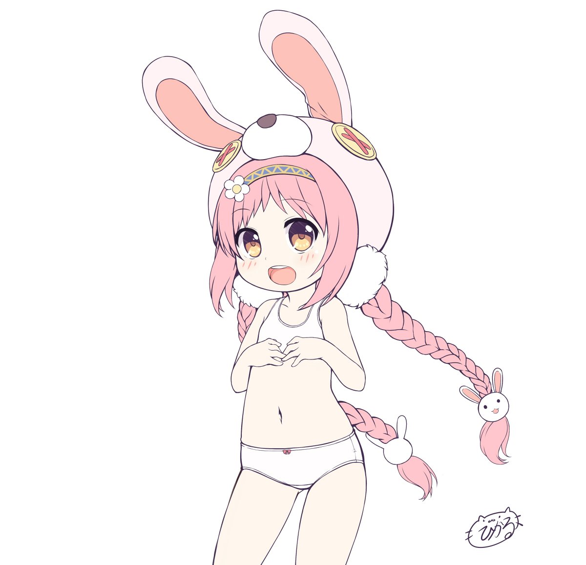 1girl :d akane_mimi animal_ears animal_hat ass_visible_through_thighs bangs bare_arms bare_shoulders blush bow bow_panties bra braid brown_eyes bunny_hair_ornament bunny_hat commentary_request eyebrows_visible_through_hair fake_animal_ears flower hair_flower hair_ornament hairband hat long_hair low_twintails navel open_mouth panties pink_hair pink_headwear princess_connect! princess_connect!_redive rabbit_ears round_teeth sakuraba_hikaru_(loveindog) signature smile solo teeth twin_braids twintails underwear underwear_only upper_teeth very_long_hair white_bra white_flower white_panties