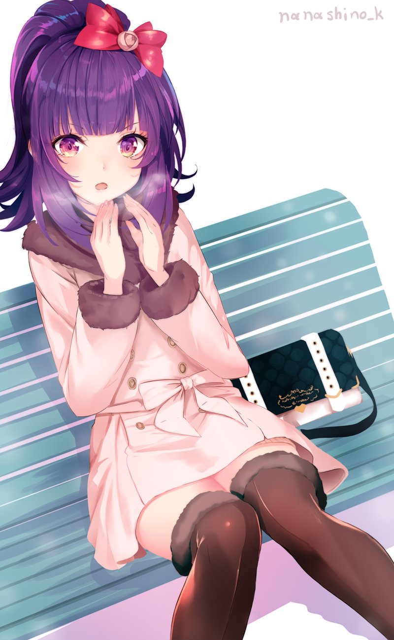 1girl bag bench black_legwear blush bow coat commentary_request dutch_angle fur-trimmed_coat fur-trimmed_legwear fur_trim hair_bow handbag haruka_natsuki highres long_sleeves on_bench open_mouth park_bench pink_coat pretty_(series) pripara purple_hair red_bow shadow solo thigh-highs toudou_shion twitter_username violet_eyes white_background