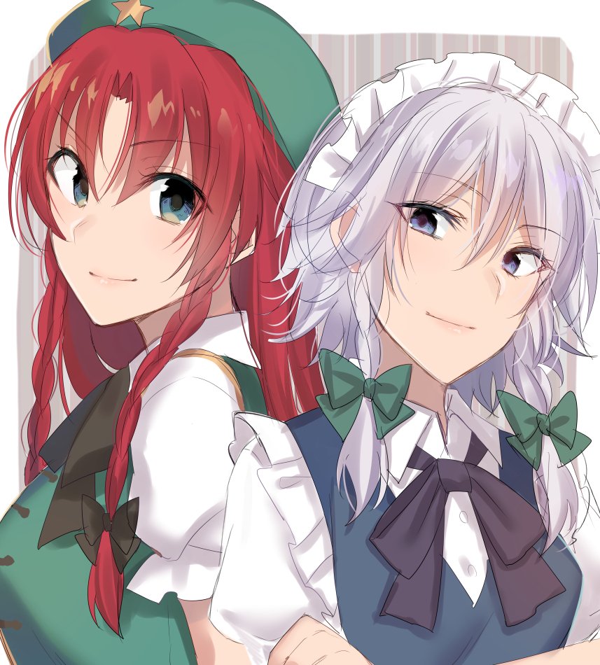 2girls asa_(coco) bangs beret black_bow black_neckwear blue_dress blue_eyes border bow bowtie braid breasts commentary_request crossed_arms dress eyebrows_visible_through_hair green_bow green_headwear green_vest grey_background hair_between_eyes hair_bow hat head_tilt hong_meiling izayoi_sakuya long_hair looking_at_viewer maid maid_headdress medium_breasts multiple_girls outside_border puffy_short_sleeves puffy_sleeves redhead shirt short_hair short_sleeves silver_hair smile star striped striped_background touhou twin_braids upper_body vertical-striped_background vertical_stripes vest white_border white_shirt