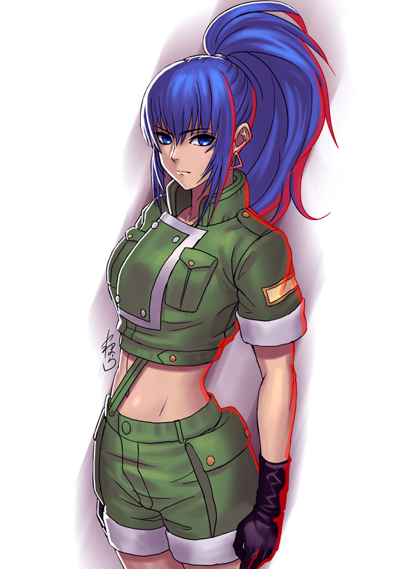 1girl blue_hair breasts commentary_request crop_top earrings gloves green_shorts hair_between_eyes high_ponytail jewelry large_breasts leona_heidern long_hair midriff navel ponytail short_sleeves shorts sidelocks snk the_king_of_fighters yamahara