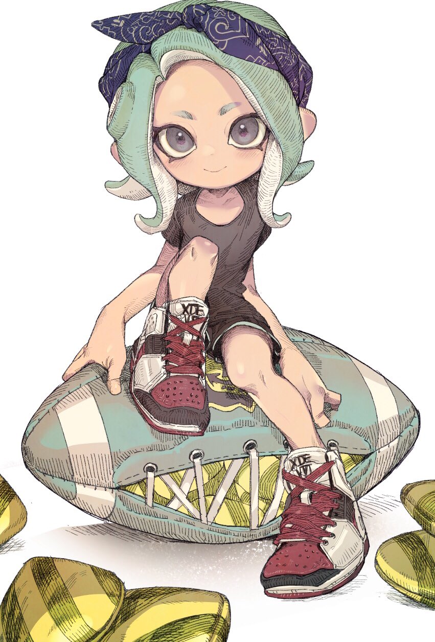 1girl arm_support bandana black_shirt black_shorts blue_bandana closed_mouth commentary_request cross-laced_footwear football full_body grey_eyes grey_hair gym_shorts high_tops highres leg_up looking_at_viewer makeup mascara medium_hair octarian octoling pointy_ears shima_(5p6p7p) shirt shoes short_sleeves shorts simple_background sitting smile solo splatoon_(series) splatoon_2 suction_cups t-shirt tan tentacle_hair white_background white_footwear