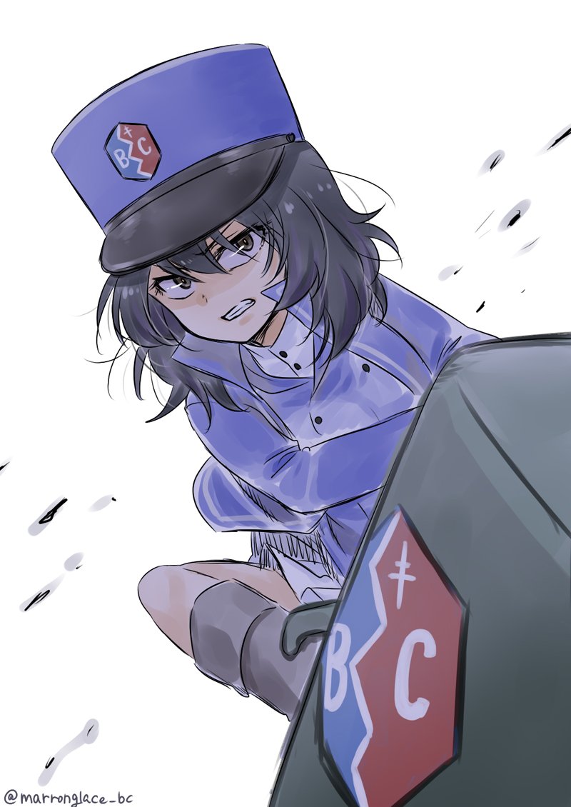 1girl angry bangs bc_freedom_(emblem) bc_freedom_military_uniform black_hair blue_headwear blue_jacket blue_vest brown_eyes dark_skin emblem girls_und_panzer ground_vehicle hat high_collar jacket long_sleeves marronglace_bc medium_hair military military_vehicle motor_vehicle shako_cap simple_background solo tank teeth vest white_background